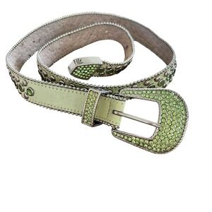 Christine Alexander Green‎ leather belt bling crystals large Swarovski Vintage